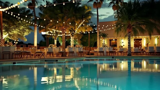 Elegant outdoor evening gathering by the pool under twinkling lights in a lush tropical setting