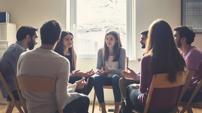 A group of young adults in a circle, listening intently.