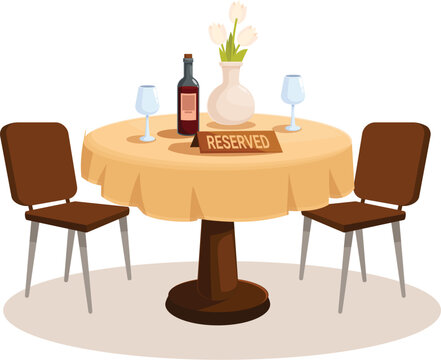 Round restaurant table covered with beige tablecloth with two glasses, bottle of wine and vase with tulips is served and waiting for guests