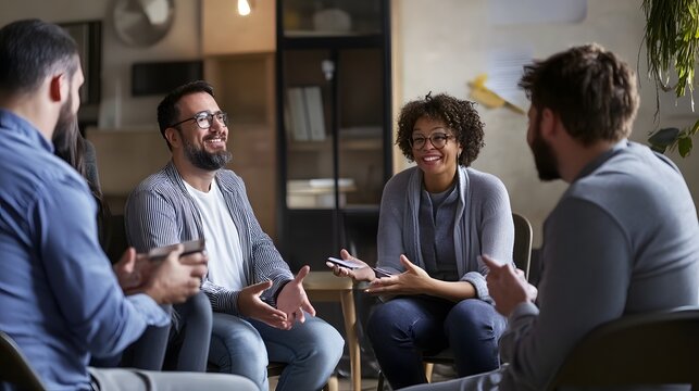 A diverse group of people in a casual setting, listening intently and engaging in conversation.