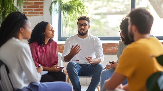 A diverse group of people listen intently as a man speaks.