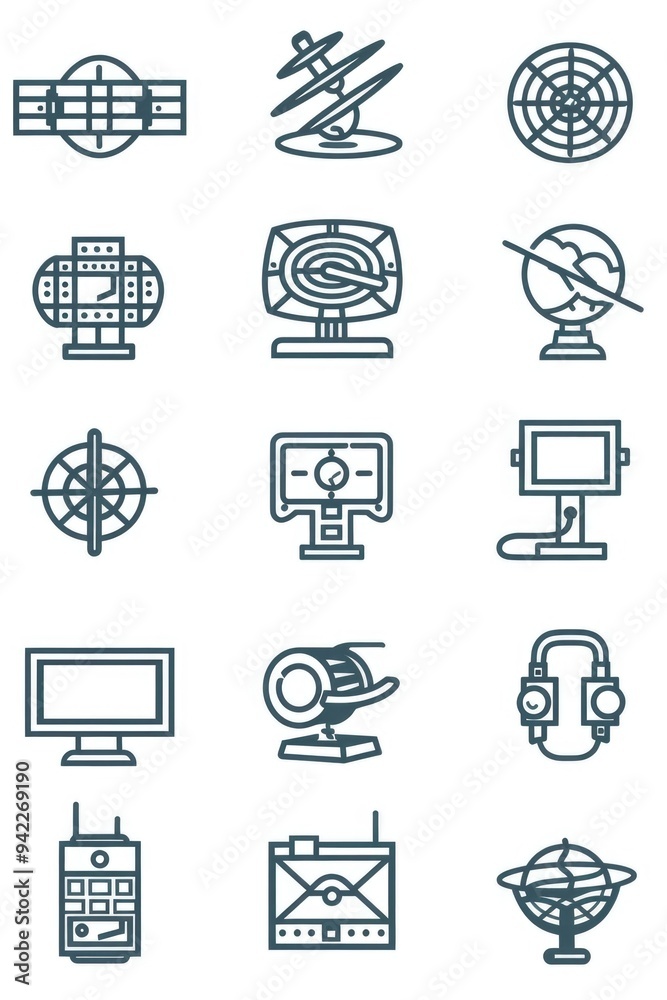 Poster A collection of modern gadgets and appliances on a table or shelf, suitable for use in an advertisement or educational setting