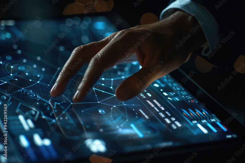 Poster A person holding and interacting with a tablet computer