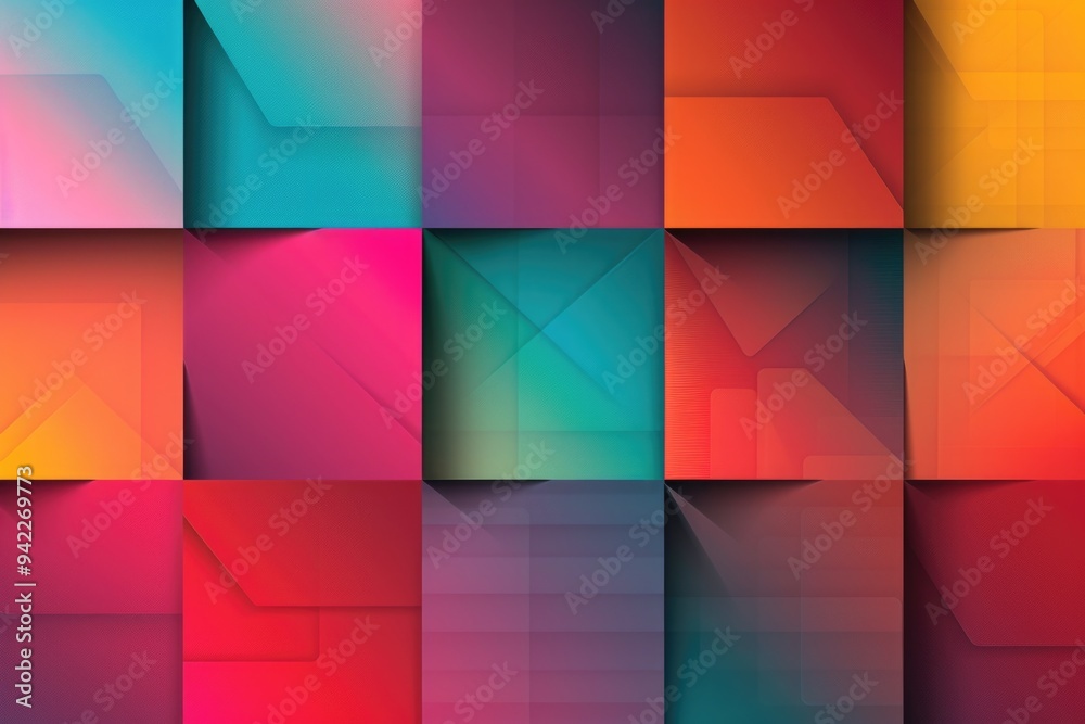 Poster A collection of differently colored squares arranged on a wall, perfect for use in illustrations or graphics
