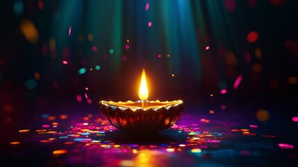 A lit oil lamp surrounded by colorful confetti, creating a festive atmosphere.