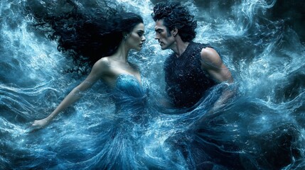 Eternal Embrace: A mythical couple locked in a passionate gaze, their love defying the tumultuous ocean depths in a breathtaking display of fantasy and desire. 