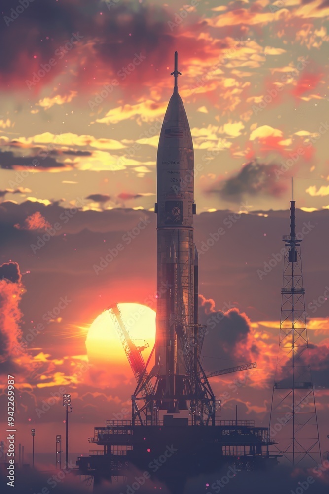 Poster a large space rocket sitting on top of a building