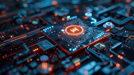Close-up of a glowing circuit board with a digital symbol in the center.