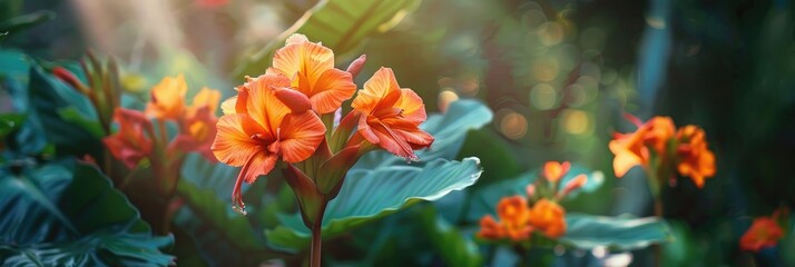 Sunlit Canna flowers in a summer garden with a blurred foliage background