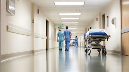 Fototapeta premium Hospital hallway with medical staff and a gurney.