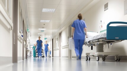A female nurse pushes a hospital bed down a sterile hallway.