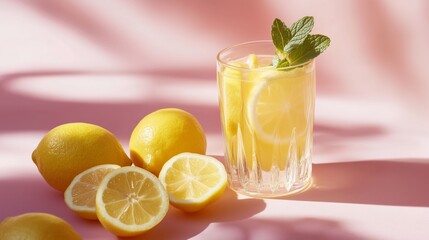 Fototapeta premium Lemon juice with mint and slices against a pink backdrop evokes summer joy and zest. Perfect for ads!