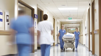 Medical professionals rush a patient down a hospital corridor.