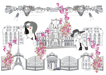 Series of backgrounds with french architecture decorated with flowers, beautiful girls in Paris and street cafes. Hand drawn vector illustration.