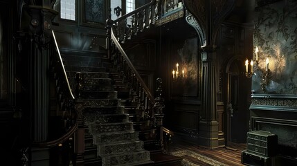 Obraz premium A dark and mysterious staircase in a grand mansion, lit by candlelight.