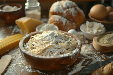 Fototapeta premium A bowl of pasta sits on a wooden table, perfect for a casual meal or snack