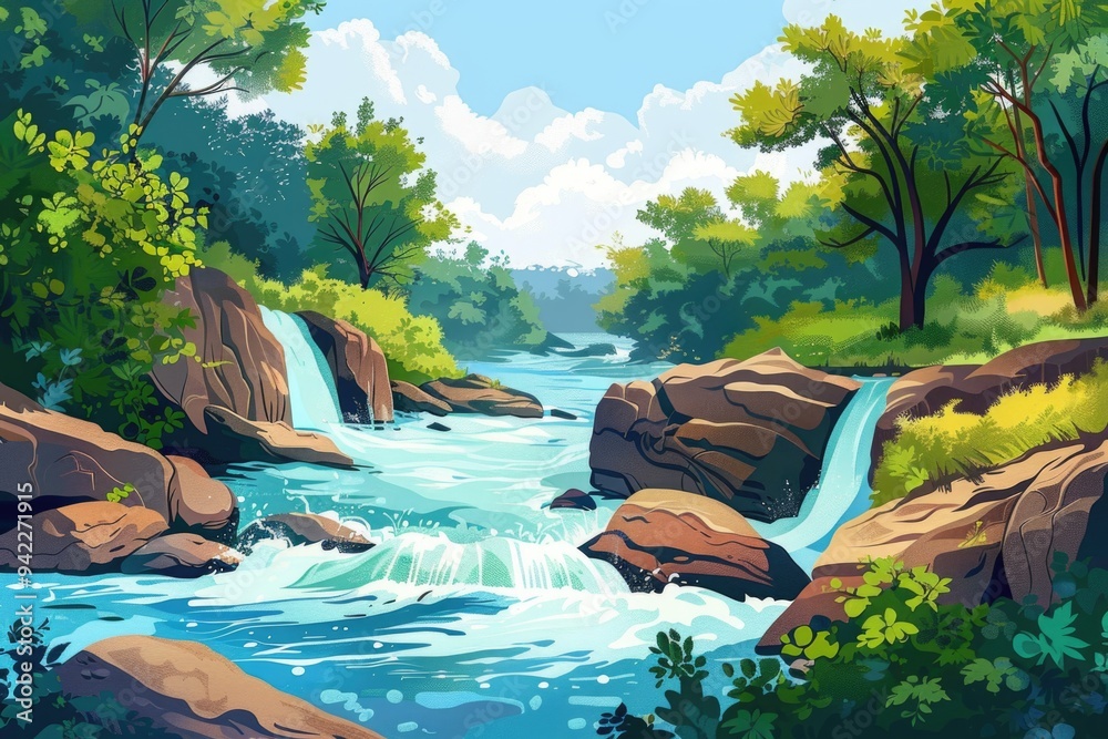 Poster a serene landscape with a winding river surrounded by lush greenery, perfect for use in environmenta