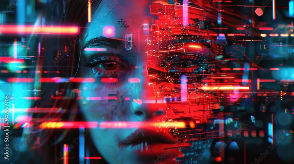 Poster a close-up shot of a woman's face against a futuristic backdrop, perfect for sci-fi or tech-related 