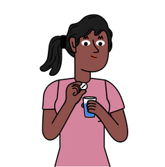 black woman with a glass of water ready to take a pill.eps