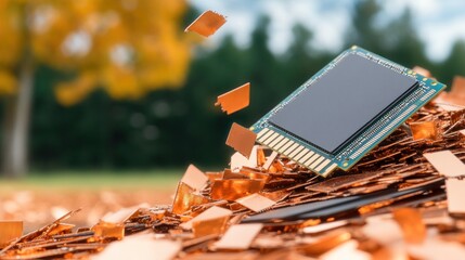 Copper traces on discarded circuit boards, emphasizing the value of recycling electronic waste.