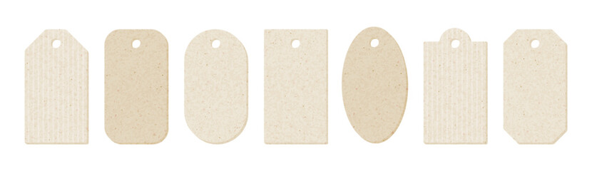 Craft paper tags for gift. Blank price labels from kraft paper. Vintage clothes tags with old carton texture isolated on white background. Empty cardboard labels different shapes, vector illustration