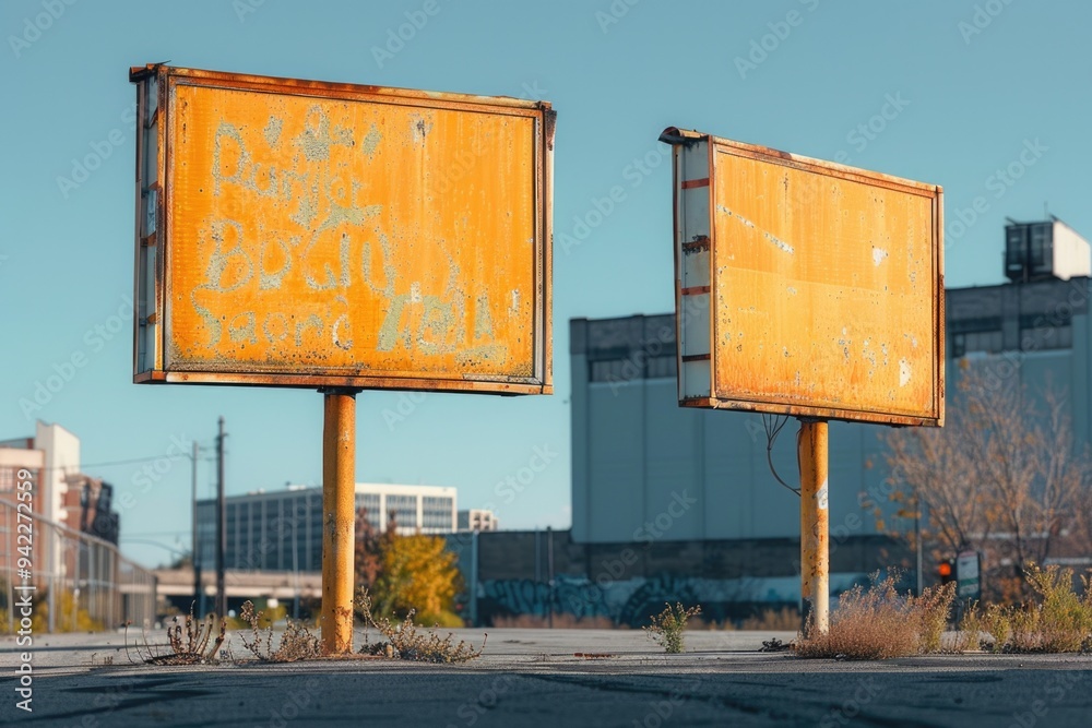 Poster a pair of roadside signs sitting idle on the side of a road, ideal for use in travel or transportati