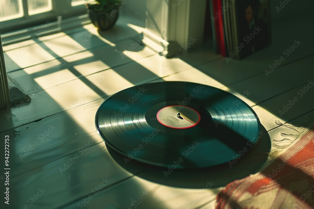 Poster A vinyl record sitting on a table in front of a window, perfect for use as a decorative element or to represent music and nostalgia