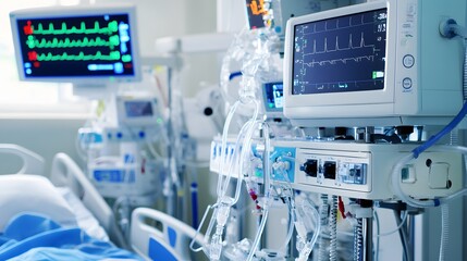 Medical equipment in a hospital room with a patient bed in the background.