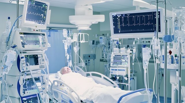 A patient lies in a hospital bed hooked up to machines.