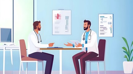 Two male doctors in white coats have a discussion in an office.