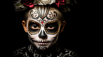 Portrait  with sugar skull makeup over Halloween costume and make-up. Portrait of Calavera Catrina.