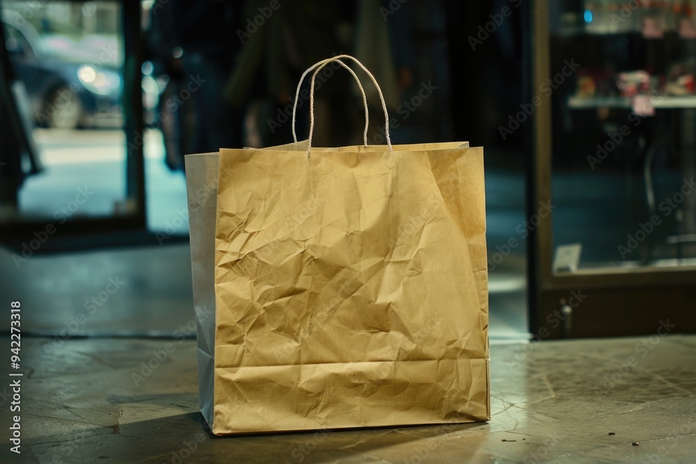 Poster a simple brown paper bag placed on a table, possibly containing notes or documents