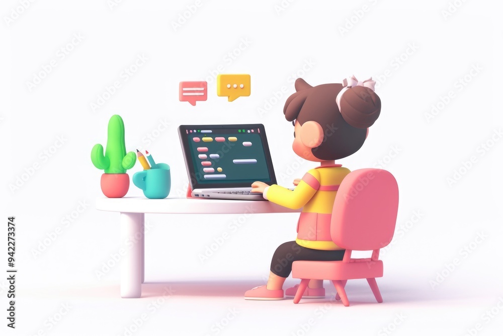 Poster A person sitting at a desk with a laptop in a modern workspace setting, ideal for illustrations of remote work, digital communication or tech-related concepts