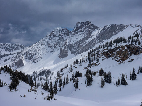 Quiet spring day at Alta Ski Resort after closing, Wasatch Mountains near Salt Lake City, Utah, USA.