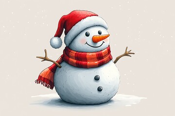 A cheerful cartoon snowman in a Santa hat and scarf enjoys the winter snow.