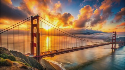 Fototapeta premium Golden Gate Bridge leading to majestic Valhalla with dramatic sunrise, Golden Gate Bridge, Valhalla, sunrise, majestic