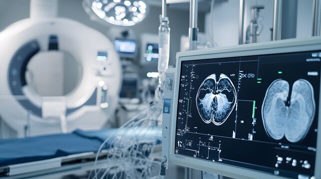 Close-up of a monitor displaying a brain scan in a sterile medical setting.