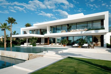 Fototapeta premium A large white house with a pool in the front yard, perfect for family gatherings or outdoor parties