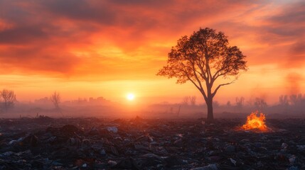 Obraz premium Burning garbage in a foggy park at twilight, with the sun setting behind thick mist.