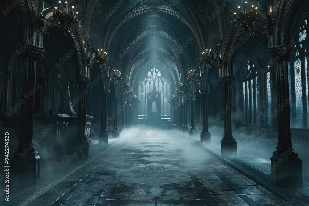 Poster a dark and mysterious hallway with ornate columns and sparkling chandeliers, perfect for use in a fa