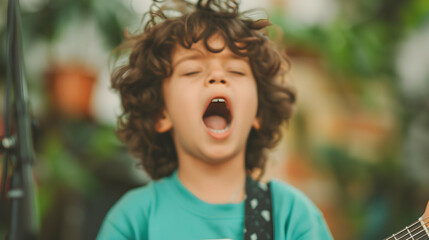 Fototapeta premium Child Singing Along Favorite Songs Child