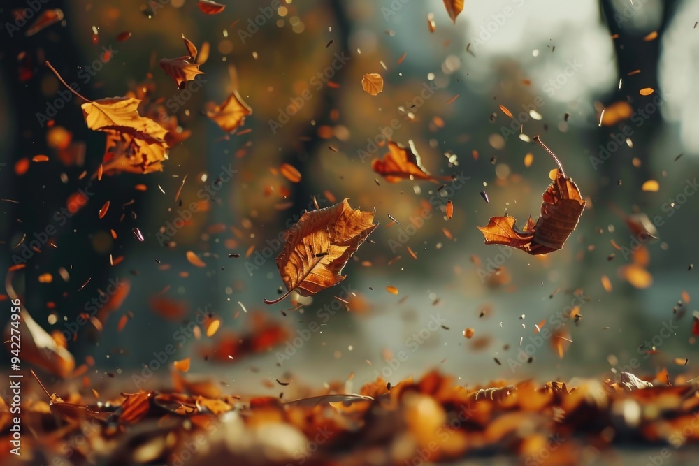 Poster a bunch of leaves floating in mid-air, creating a natural spectacle