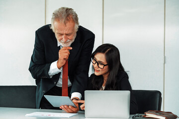Senior executive manager and young businesswoman working in meeting room in the office. The woman...