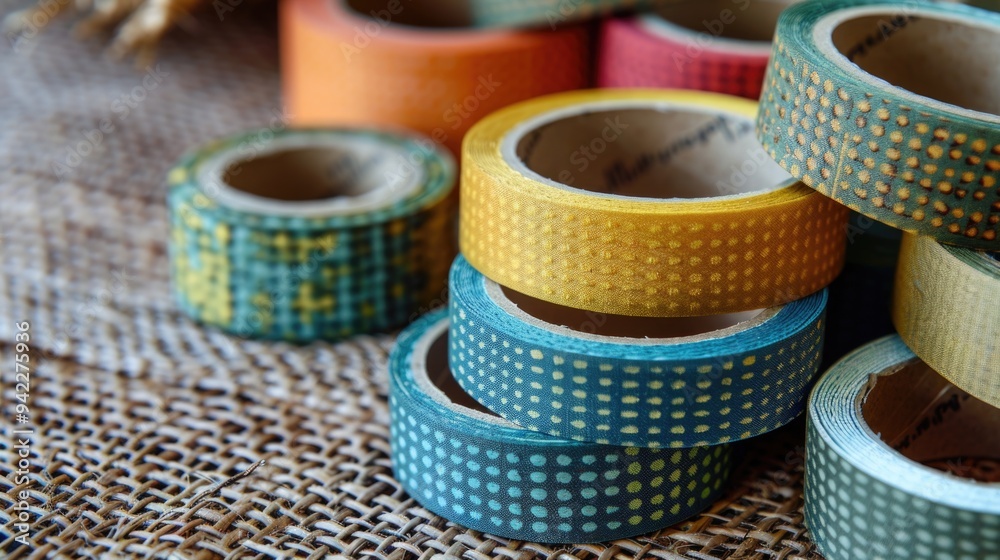 Poster A collection of colorful washi tapes stacked on a table