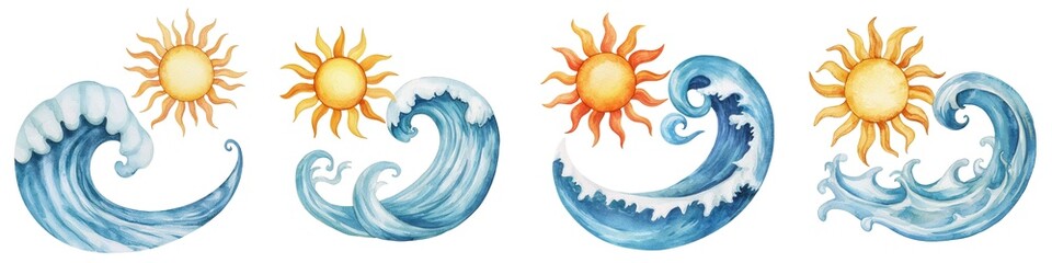 Obraz premium Colorful watercolor waves and sun illustrations, perfect for summer themes and beach-related designs.