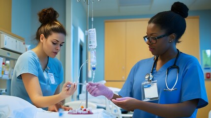 Two nurses in blue scrubs work together in a hospital setting.