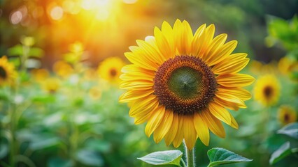 Fototapeta premium Vibrant sunflower in full bloom in a summer garden , yellow, sunflower, plant, bloom, nature, petals, seeds, field, garden