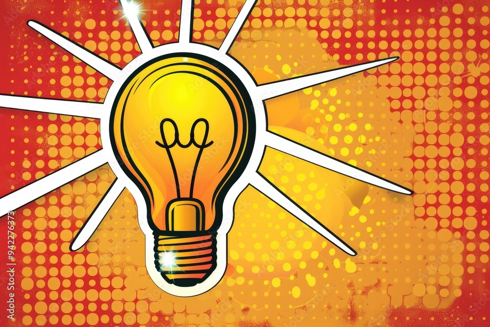 Poster a single yellow light bulb on a red background