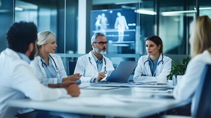 Fototapeta premium Group of doctors in a meeting discussing patient care.