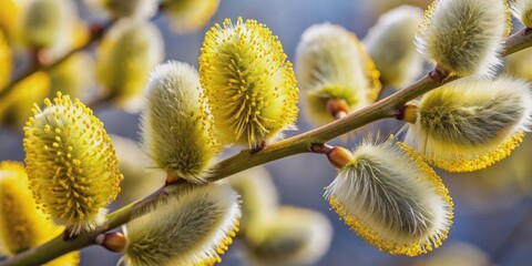 Fototapeta premium Close-up of fluffy willow catkins , spring, nature, fluffy, tree, pollen, catkins, close-up, macro, blooming, outdoors